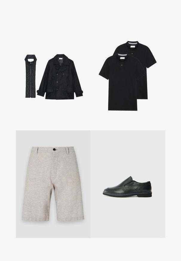 Juodas vilnonis pikoatė su dvigubais mygtukais ir dideliu apykakle, derinamas su juodu be rankovių pūkine liemene su užtrauktuku.; Du žaidimų juodos polo marškiniai, trumpomis rankovėmis, pagaminti iš medvilnės, su klasikinėmis apykaklėmis, dviem mygtukais priekyje ir baltais dryžiais apykaklės viduje.; Smėliniai lininiai šortai su lygiu paviršiumi, su vienu mygtuko užsegimu, diržo kilpomis ir tiesia kontūra, siekiančia vidurinę šlaunies dalį.; Juodai odiniai įtvirtinimo batai su lygiu paviršiumi, siuvinėjimo akcentais, apvalia nosimi ir žemu guminiu kulnu. Pado raštas minimalus.