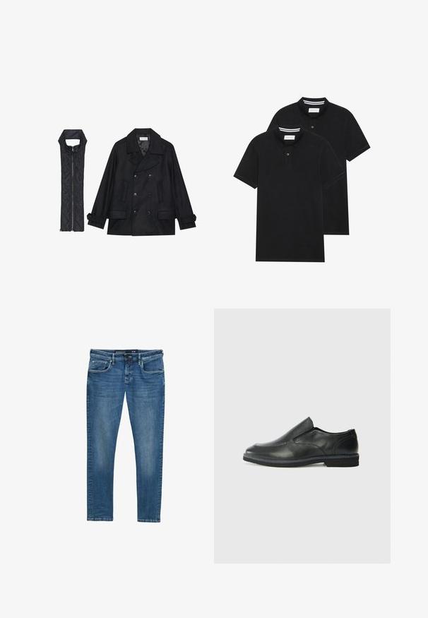 Melnā vilnas jaka ar dubulto pogu rindas un lielu apkakli, apvienota ar bez piedurknēm melnu piepūšamā vesta ar rāvējslēdzēju.; Divas melnas polo krekli, īsām piedurknēm, no kokvilnas materiāla, ar klasisku apkakli, divu pogu aizdari un balti svītroti akcenti apkakles iekšpusē.; Zilas džinsu bikses ar taisnu kāju griezumu, piecu kabatu dizainu, maziem nodilumiem augšstilbos un jostu ar etiķeti, kas norāda izmēru 31/32.; Melnas ādas slip-on kurpes ar gludu augšdaļu, izšūtām akcentiem, noapaļotu purngala daļu un zemu gumijas papēdi. Zole ar minimālu rakstu.