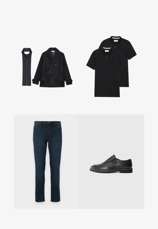 Čierny vlnený peacoat s dvojradovým zapínaním a veľkým golierom, skombinovaný s čiernou prešívanou vestou bez rukávov s rázporkom na zips.; Dvé čierne polo tričká, krátke rukávy, vyrobené z bavlny, s klasickým golierom, dvojitým gombíkom a bielymi pruhmi vo vnútri goliera.; Tmavomodré džínsy z denimu so strihom s rovnými nohavicami, s piatimi vreckami, zapínaním na gombík a jemným vyblednutím vpredu.; Čierny kožený nazúvací topánka s hladkým zvrškom, prešitými akcentmi, zaoblenou špičkou a nízkym gumovým podpätkom. Podošva má minimálny dezén.