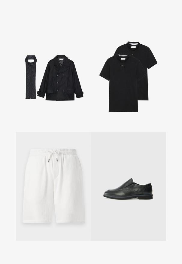 Melnā vilnas jaka ar dubulto pogu rindas un lielu apkakli, apvienota ar bez piedurknēm melnu piepūšamā vesta ar rāvējslēdzēju.; Divas melnas polo krekli, īsām piedurknēm, no kokvilnas materiāla, ar klasisku apkakli, divu pogu aizdari un balti svītroti akcenti apkakles iekšpusē.; Baltas, teksturēts šorts ar elastīgu jostu, auklas aizdari, sānu kabatām un brīvu piegriezumu. Piemērots ikdienas valkāšanai.; Melnas ādas slip-on kurpes ar gludu augšdaļu, izšūtām akcentiem, noapaļotu purngala daļu un zemu gumijas papēdi. Zole ar minimālu rakstu.