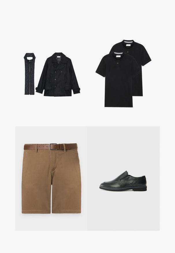 Črn volnen plašč z dvojnimi gumbi in velikim ovratnikom, v kombinaciji z brezrokavnikom iz črnega prešitega materiala z zadrgo.; Dve črne polo majice, kratke rokave, iz bombažnega materiala, z klasik ovratnikom, dvobodno zaponko in belimi črtkami znotraj ovratnika.; Rjave bombažne kratke hlače z teksturirano površino, ki vključujejo rjav usnjen pas s srebrom obarvanim zaponko in klasičnim ravnim krojem.; Črne usnjene natikače z gladkim zgornjim delom, prišitimi detajli, zaobljenim nosom in nizkim gumijastim petkom. Podplat ima minimalen profil.