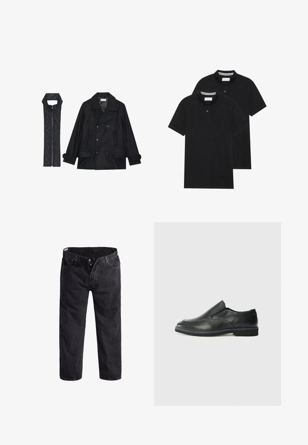 Musta villapaltto, jossa on kaksiriviset napit ja suuri kaulus, yhdistettynä olkaimettomaan mustaan toppaliiviin, joka avautuu vetoketjulla.; Kaksi mustaa lyhythihaista poolopaitaa, puuvillamateriaalia, joissa on klassinen kaulus, kahden napin napitus ja valkoiset raidat kauluksen sisällä.; Mustat farkut suoranlahkeisella muotoilulla, viisi taskua, napitus, ja oranssit ompeleet. Hieman haalistunut pinta kauttaaltaan.; Musta nahkainen liukujalkine, jossa on sileä pinta, ommeltuja yksityiskohtia, pyöristetty kärki ja matala kumipohja. Pohjassa on minimaalinen pito.