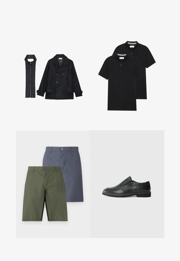 Czarna wełniana peacoat z podwójnymi guzikami i dużym kołnierzem, zestawiona z bezrękawnym czarnym pikowanym kamizelką z zamkiem błyskawicznym.; Dwie czarne koszulki polo z krótkim rękawem, wykonane z materiału bawełnianego, z klasycznym kołnierzykiem, z zapięciem na dwa guziki oraz białymi paskami wewnątrz kołnierza.; Dwie pary szortów: jedna oliwkowa, druga granatowa. Obie mają zapięcie na guzik, prosty krój oraz gładki materiał z delikatnym połyskiem.; Czarne skórzane buty wsuwane z gładką cholewką, przeszyciami, okrągłym noskiem i niskim gumowym obcasem. Podeszwa ma minimalny bieżnik.