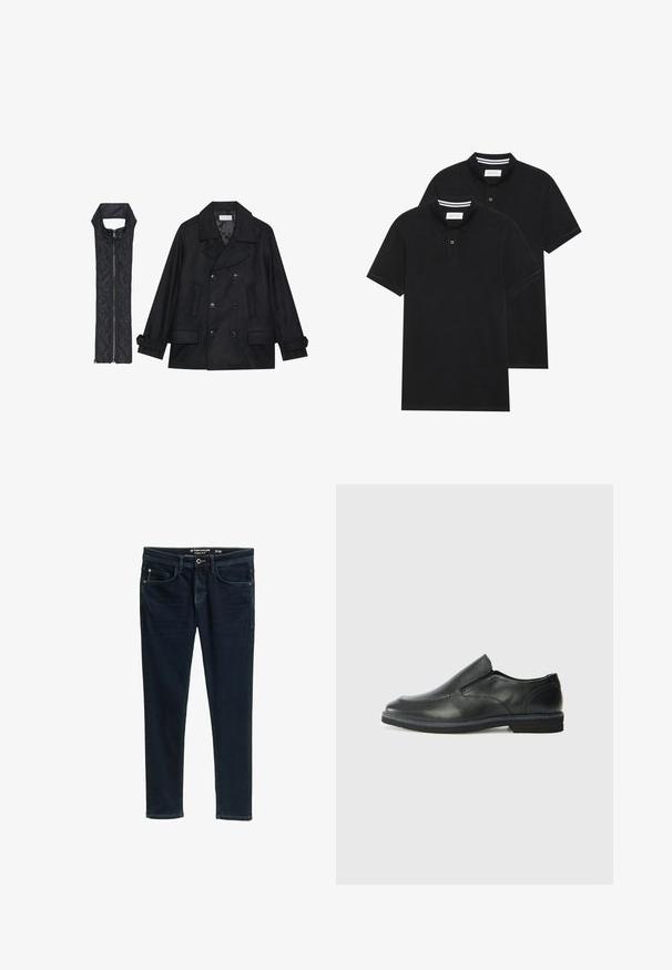 Palton de lână negru, cu închidere dublă și guler mare, asortat cu o vestă neagră, căptușită, fără mâneci, cu închidere cu fermoar.; Două tricouri polo negre, cu mânecă scurtă, din material de bumbac, având un guler clasic, deschidere cu două butoane și accente albe cu dungi în interiorul gulerului.; Jeanși din denim de culoare bleumarin, cu o croială slim, având cinci buzunare, sistem de închidere cu buton și detalii subtile de uzură pe față.; Pantof de piele neagră, tip slip-on, cu un superior neted, accente cusute, vârf rotunjit și un toc jos din cauciuc. Talpa are un profil minim de aderență.