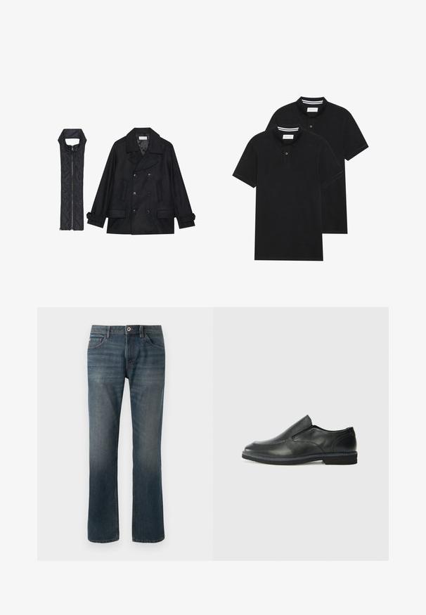 Črn volnen plašč z dvojnimi gumbi in velikim ovratnikom, v kombinaciji z brezrokavnikom iz črnega prešitega materiala z zadrgo.; Dve črne polo majice, kratke rokave, iz bombažnega materiala, z klasik ovratnikom, dvobodno zaponko in belimi črtkami znotraj ovratnika.; Temno modri denim kavbojki s ravnim krojem nogavic. Značilnosti vključujejo pet žepov, kontrastno šivanje ter sprednji gumb in zadrgo.; Črne usnjene natikače z gladkim zgornjim delom, prišitimi detajli, zaobljenim nosom in nizkim gumijastim petkom. Podplat ima minimalen profil.