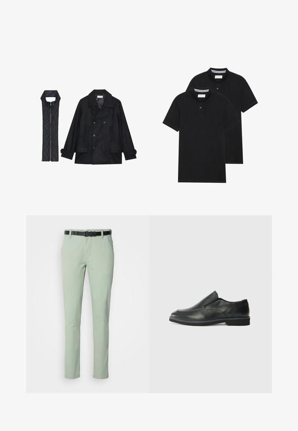 Black woolen peacoat with double-breasted buttons and large collar, paired with a sleeveless black quilted vest featuring a zip closure.; Two black polo shirts, short-sleeved, cotton material, featuring a classic collar, two-button placket, and white striped accents inside the collar.; Light green trousers with a slim fit, featuring a black belt. Made from cotton, designed with side pockets and a smooth texture.; Black leather slip-on shoe with a smooth upper, stitched accents, rounded toe, and a low rubber heel. Sole features minimal tread.