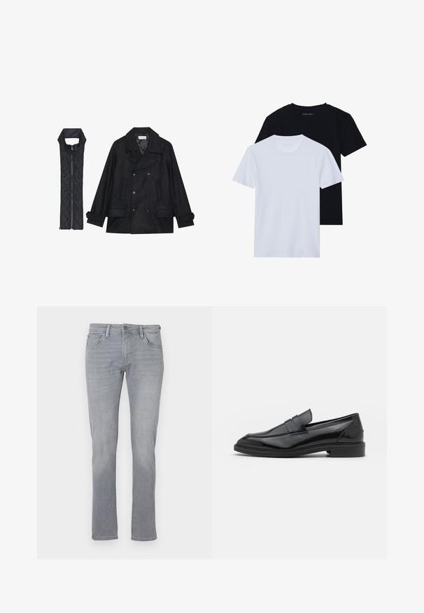 Črn volnen plašč z dvojnimi gumbi in velikim ovratnikom, v kombinaciji z brezrokavnikom iz črnega prešitega materiala z zadrgo.; Dve kratke majice s kratkimi rokavi in okroglim izrezom, ena črna in ena bela, narejene iz mehke bombažne tkanine z rebrasto teksturo. Klasika kroja.; Sive kavbojke z ravnim krojem, ki vključujejo sprednje zapiranje z gumbom in zadrgo, pet žepov ter subtilno zbledelost po celotni površini.; Črne usnjene loafersice z gladko površino, s zaobljenim prstom in ozkim pasom čez zgornji del. Nizek zložen petek.