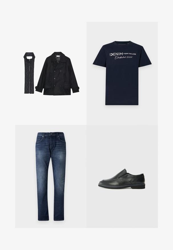 Črn volnen plašč z dvojnimi gumbi in velikim ovratnikom, v kombinaciji z brezrokavnikom iz črnega prešitega materiala z zadrgo.; T-maica v mornarsko modri barvi iz bombaža ima kratke rukave in okroglo ovratnico. Na sprednji strani je prikazan bel napis "DENIM TOM TAILOR Ustanovljen 2007" v različnih pisavah.; Temno modri kavbojki z ravnim krojem, s poudarjenim pranjejem, petimi žepi in vidnimi šivi ob šivih.; Črne usnjene natikače z gladkim zgornjim delom, prišitimi detajli, zaobljenim nosom in nizkim gumijastim petkom. Podplat ima minimalen profil.
