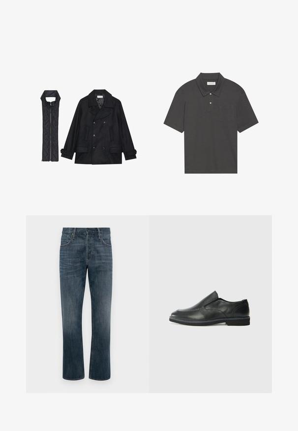 Črn volnen plašč z dvojnimi gumbi in velikim ovratnikom, v kombinaciji z brezrokavnikom iz črnega prešitega materiala z zadrgo.; Temno siva polo majica s tradicionalnim ovratnikom, tri gumbe zapenjanja, kratkimi rokavi in žepom na levi strani prsnega dela. Gladka tekstura tkanine.; Temno modre kavbojke z ravnim slogom, zasnova s petimi žepi, spredaj s gumbom za zapiranje in vidnimi šivi.; Črne usnjene natikače z gladkim zgornjim delom, prišitimi detajli, zaobljenim nosom in nizkim gumijastim petkom. Podplat ima minimalen profil.