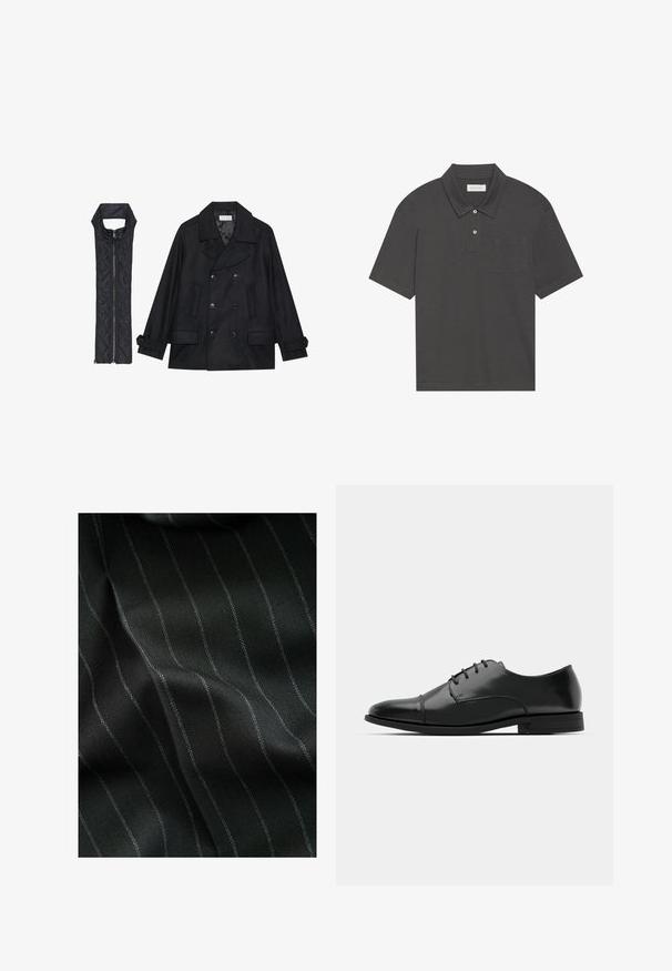 Melnā vilnas jaka ar dubulto pogu rindas un lielu apkakli, apvienota ar bez piedurknēm melnu piepūšamā vesta ar rāvējslēdzēju.; Tumši pelēks polo krekls ar tradicionālo apkakli, trīs pogu aizdari, īsām piedurknēm un kreisajā krūtī esošu kabatu. Gluda auduma tekstūra.; Melns audums ar siksniņu rakstu un plānām baltām svītrām. Tekstūra izskatās gluda ar smalku dziļumu no aušanas.; Melnas ādas vadmalas kurpes ar noapaļotu purngalu, saistījuma dizains, smalkas izšuvumu detaļas un zema papēža. Gluda tekstūra ar spīdīgu apdari.