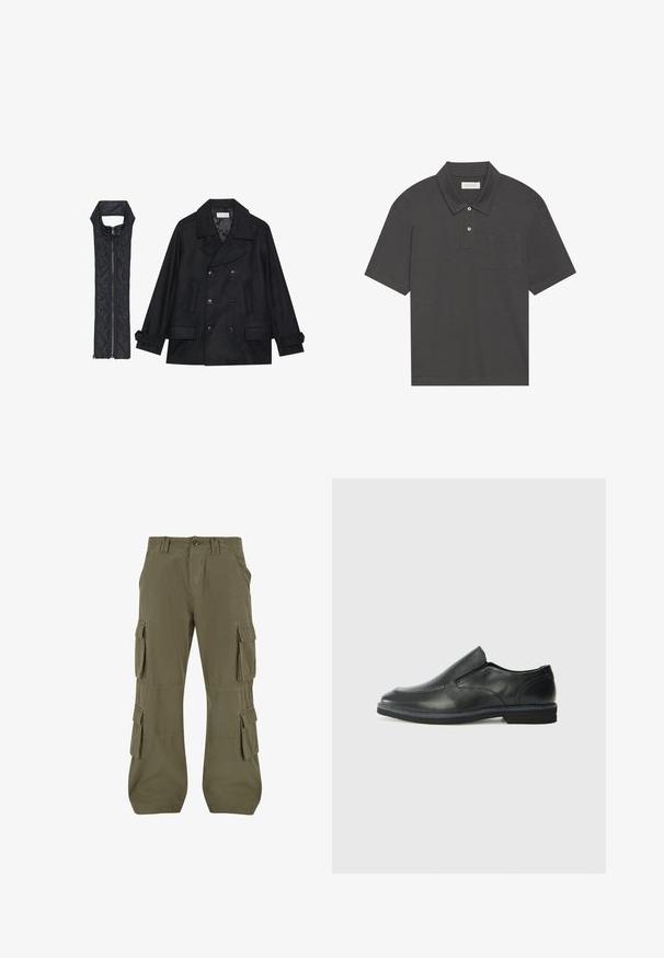 Zwarte wollen peacoat met dubbele knopen en grote kraag, gecombineerd met een mouwloze zwarte gewatteerde vest met ritssluiting.; Donkergrijze polo met een traditionele kraag, een drieknoopsluiting, korte mouwen en een linkse borstzak. Gladde stoffen textuur.; Cargo broek in olijfgroen. Gemaakt van katoen, met meerdere zijzakken, een rechte snit en zichtbare stikdetails.; Zwarte leren instapper met een soepele bovenkant, gestikte accenten, ronde neus en een lage rubberen hak. De zool heeft minimale profiel.