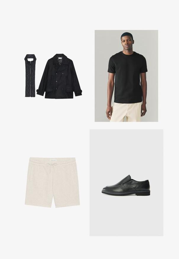 Mustast villast peacoat, millel on topelt nööbid ja suur krae, koos musta ilma varrukateta tikkimisega vestiga, millel on lukuga sulgemine.; Must musta T-särk lühikeste varrukatega, ümmargune kaelus ja vormitud siluett, kombineeritud heleda värvusega pükstega. Sile tekstuur.; Kerged beežid lühikesed püksid, mis on valmistatud pehmest materjalist, mulle on tõmblukuga vöökoht, küljetaskud ja peen kärbitud tekstuur.; Must musta laia suuga king, millel on sile ülemine osa, õmmeldud detailid, ümmargune nina ja madal kummist konts. Tallal on minimaalne mustr.