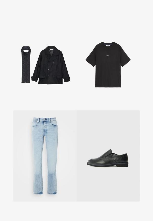 Abrigo de lana negra con botones de doble fila y gran cuello, combinado con un chaleco negro acolchado sin mangas con cierre de cremallera.; Camiseta de algodón negra con cuello redondo y mangas cortas. Presenta un pequeño logotipo blanco en la parte delantera. Diseño sencillo, corte relajado.; Jeans de denim azul claro con un diseño de pierna recta, cinco bolsillos, un ligero desgastado y una textura ligeramente desvaída en el dobladillo.; Zapato negro de cuero sin cordones con un upper suave, detalles de costura, punta redonda y un bajo tacón de goma. La suela presenta una tracción mínima.
