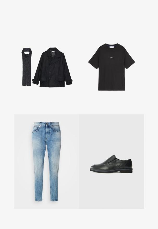 Abrigo de lana negra con botones de doble fila y gran cuello, combinado con un chaleco negro acolchado sin mangas con cierre de cremallera.; Camiseta de algodón negra con cuello redondo y mangas cortas. Presenta un pequeño logotipo blanco en la parte delantera. Diseño sencillo, corte relajado.; Vaqueros de mezclilla azul claro con un lavado desgastado, diseño de pierna recta, cinco bolsillos y cierre de botón de metal. Sutil desgaste en las caderas.; Zapato negro de cuero sin cordones con un upper suave, detalles de costura, punta redonda y un bajo tacón de goma. La suela presenta una tracción mínima.