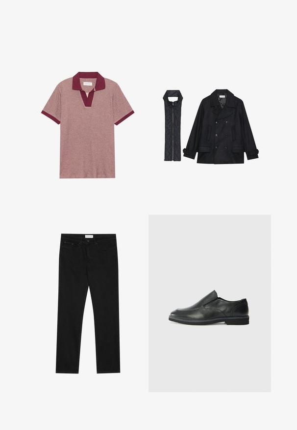 Casaco de lã preto com botões duplos e gola grande, combinado com um colete acolchoado preto sem mangas com fecho de correr.; Camisa polo de mangas curtas em uma textura vinho e vermelho claro, com um decote em V profundo e colarinho e punhos burgundy em contraste.; Jeans pretos de perna reta com design de cinco bolsos, fecho com botão e zíper, e uma etiqueta da marca Pier One na cintura.; Sapato slip-on preto em pele com um upper liso, acabamentos cosidos, bico arredondado e um salto de borracha baixo. A sola apresenta um padrão de aderência mínimo.