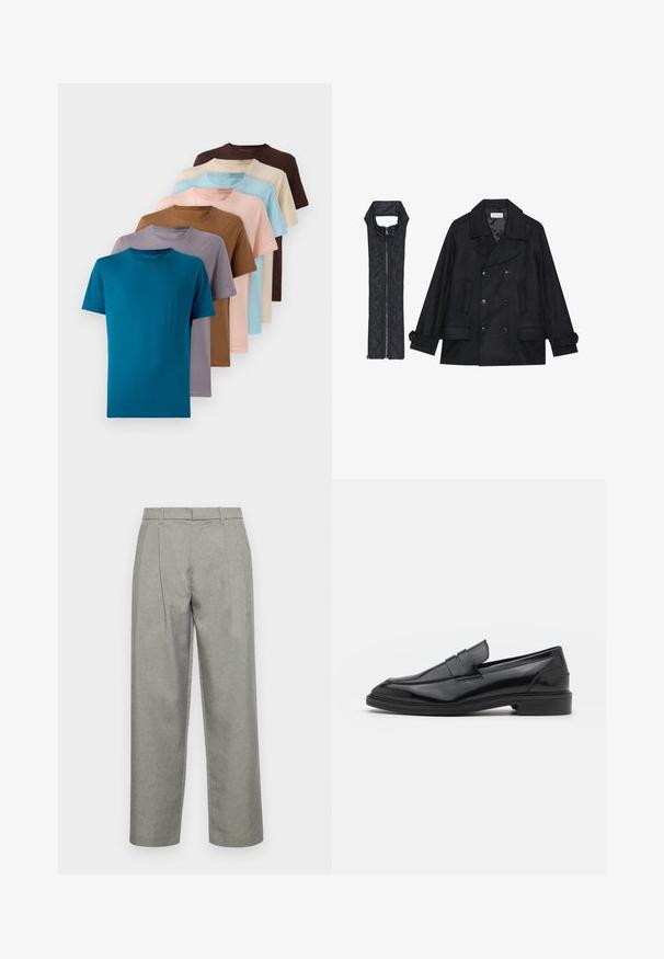 Crni vuneni kaput s dvostrukim kopčanjem i velikim ovratnikom, uparen s crnim bezrukavnim jaknom od mrežastog materijala sa zatvaračem na patent.; Set od osam majica s okruglim izrezom u raznim bojama: teget, smeđa, bež, svijetloplava, svijetloružičasta, siva i lavanda, izrađene od glatkog materijala.; Sive krojene hlače od teksturirane tkanine, s ravnim krojem, prednjim nabora i standardnim pojasom s petljama za remen.; Crne kožne mokasine s glatkom površinom, s okruglim vrhom i uskim pojasom preko gornjeg dijela. Nizak slojeviti potplat.