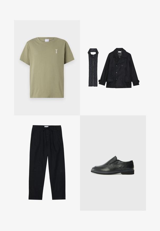 Černý vlněný kabát s dvojitými knoflíky a velkým límcem, doplněný bezrukávovou černou prošívanou vestou se zapínáním na zip.; Olivově zelené bavlněné tričko s kulatým výstřihem a krátkým rukávem. Na levé části hrudi je malá bílá grafika.; Pier One Chino kalhoty - black; Černá kožená nazouvací bota s hladkým svrškem, prošívanými detaily, zaoblenou špičkou a nízkým gumovým podpatkem. Podešev má minimální vzorek.