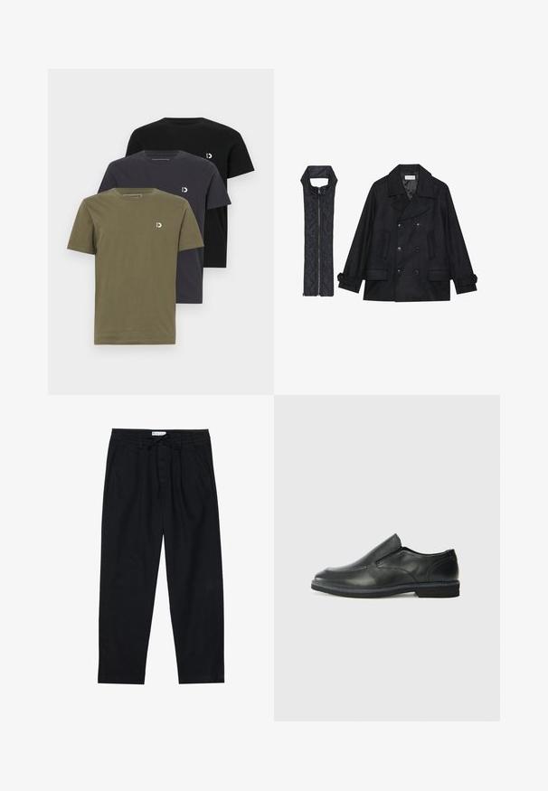 Fekete gyapjú peacoat dupla gombolással és nagy gallérral, melyet egy ujjatlan fekete steppelt mellénnyel párosítanak, amely cipzárral záródik.; Három rövid ujjú póló olajzöld, sötétszürke és fekete színben. Puha pamutból készült, mindegyik kis logót tartalmaz a mellkason.; Pier One Vászonnadrágok - black; Fekete bőr, slip-on cipő sima felsőrésszel, varrott díszítéssel, lekerekített orral és alacsony gumitalppal. A talpa minimális bordázattal rendelkezik.