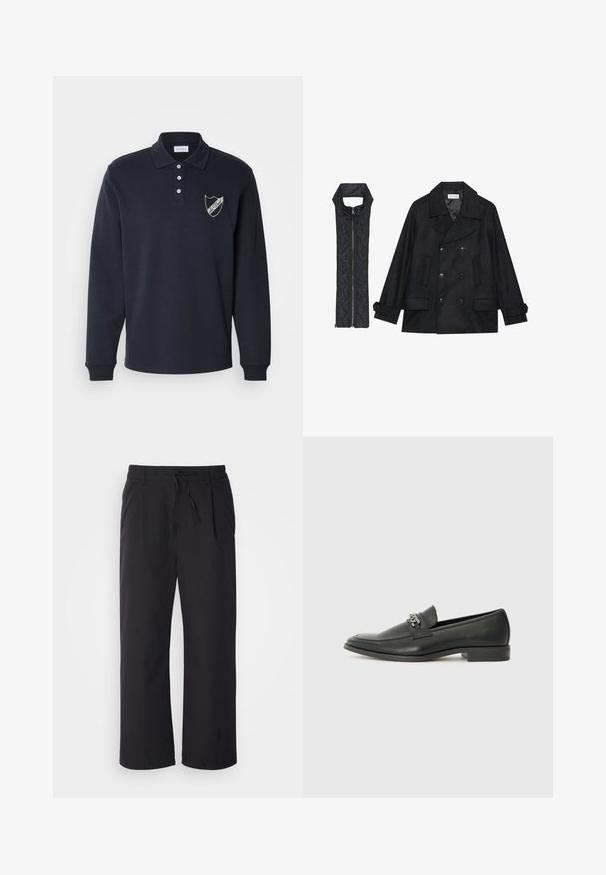 Juodas vilnonis pikoatė su dvigubais mygtukais ir dideliu apykakle, derinamas su juodu be rankovių pūkine liemene su užtrauktuku.; Tamsiai mėlyna ilgos rankovės polo marškinėliai, pagaminti iš medvilnės ir sintetinių pluoštų mišinio, turi trijų mygtukų užsegimą, įgula rankovėse ir baltą skydo logotipą kairėje krūtinės pusėje.; Platus kojų kelnes iš tekstūruotos juodos medžiagos su virvute juosmenyje, turinčios dvi priekinės kišenes ir tiesią siluetą.; Juodos odinės loafer tipo bateliai su lygiu paviršiumi, turintys siuvinėtą dizainą ir dekoratyvų metalo grandinėlės akcentą ant batų viršaus. Plokščias kulnas.