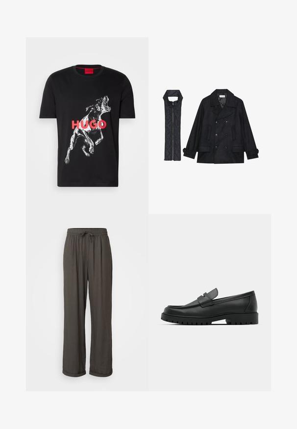 Zwarte wollen peacoat met dubbele knopen en grote kraag, gecombineerd met een mouwloze zwarte gewatteerde vest met ritssluiting.; Zwarte katoenen t-shirt met een witte grafiek van een hond die zich halverwege een geeuw bevindt, met het woord "HUGO" in vetrode letters op de voorkant.; Donkergrijze wijde broek met een koord in de taille, gemaakt van een zachte, gestructureerde stof, met opgerolde manchetten bij de enkels.; Zwarte leren instappers met een ronde neus, voorzien van een gestikt ontwerp, een lage platformzool en een gestructureerde, grof rubberen buitenzool.