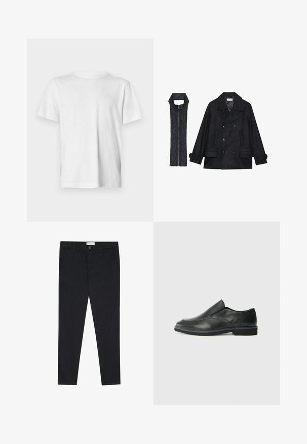 Černý vlněný kabát s dvojitými knoflíky a velkým límcem, doplněný bezrukávovou černou prošívanou vestou se zapínáním na zip.; Bílý krátký rukáv tričko vyrobené z měkké bavlny, s kulatým výstřihem a decentním embosovaným logem na levé hrudi.; Černé kalhoty se střihovým designem rovného nohavice, vyrobené z bavlněné tkaniny. Obsahují dvě přední kapsy a zapínání na knoflík v pase.; Černá kožená nazouvací bota s hladkým svrškem, prošívanými detaily, zaoblenou špičkou a nízkým gumovým podpatkem. Podešev má minimální vzorek.