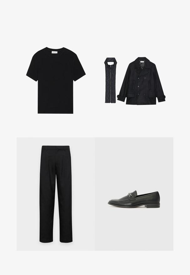 Melnā vilnas jaka ar dubulto pogu rindas un lielu apkakli, apvienota ar bez piedurknēm melnu piepūšamā vesta ar rāvējslēdzēju.; Melnas īsām piedurknēm T-krekls, izgatavots no ribota auduma, ar apaļu kakla izgriezumu un vienkāršu, kvadrātveida siluetu.; Melnas bikses, izgatavotas no gludas auduma, ar taisnu kāju dizainu, divām priekšējām krokām un standarta jostu, kurai ir āķi.; Melna ādas loafer izmēra apavi ar gludu virsmu, piedāvā ar šūtu dizainu un dekoratīvu metāla ķēdes akcentu pār vampu. Plakana papēža daļa.