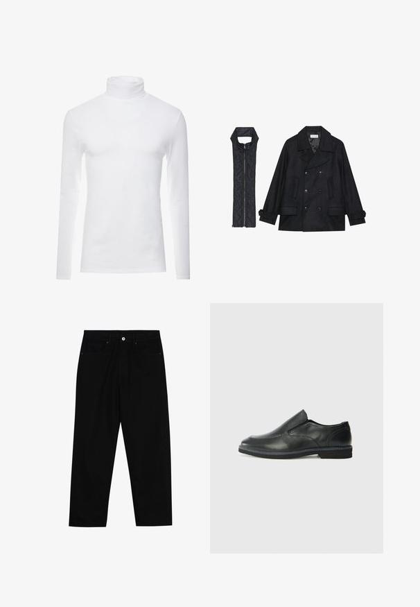 Zwarte wollen peacoat met dubbele knopen en grote kraag, gecombineerd met een mouwloze zwarte gewatteerde vest met ritssluiting.; Witte lange mouw turtleneck-shirt gemaakt van zachte, rekbare stof. Heeft een hoge kraag en een aangesloten ontwerp, wat zorgt voor een gestroomlijnde uitstraling.; Zwarte denim broek met een recht gesneden pasvorm, vijf gebruikersvriendelijke zakken en een sluiting met een knoop aan de voorkant. Soepele textuur met minimale stikdetails.; Zwarte leren instapper met een soepele bovenkant, gestikte accenten, ronde neus en een lage rubberen hak. De zool heeft minimale profiel.
