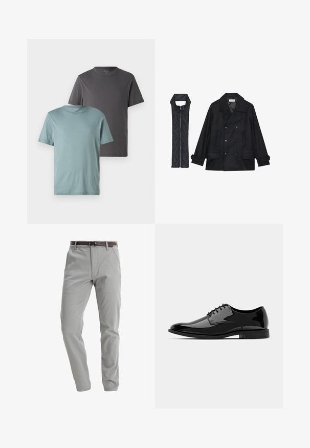 Čierny vlnený peacoat s dvojradovým zapínaním a veľkým golierom, skombinovaný s čiernou prešívanou vestou bez rukávov s rázporkom na zips.; Dve tričká s okrúhlym výstrihom v rôznych farbách: jedno svetlo tyrkysové a druhé tmavo šedé. Obe majú krátke rukávy a hladkú bavlnenú textúru.; Svetlo šedé nohavice vyrobené z mäkkej tkaniny, s rovnými nohavicami, prednými vreckami a hnedým koženým opaskom na zapínanie.; Čierne lakované kožené topánky s okrúhlou špičkou, šnurovací dizajn a hladký, lesklý povrch. Obsahujú nízky gumový podrážku.