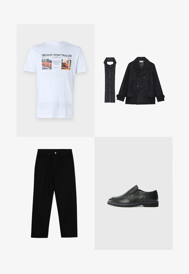 Zwarte wollen peacoat met dubbele knopen en grote kraag, gecombineerd met een mouwloze zwarte gewatteerde vest met ritssluiting.; Witte katoenen t-shirt met drie grafische prints, zwarte tekst en logo's van "Denim Tom Tailor." Korte mouwen en ronde hals.; Zwarte denim broek met een recht gesneden pasvorm, vijf gebruikersvriendelijke zakken en een sluiting met een knoop aan de voorkant. Soepele textuur met minimale stikdetails.; Zwarte leren instapper met een soepele bovenkant, gestikte accenten, ronde neus en een lage rubberen hak. De zool heeft minimale profiel.