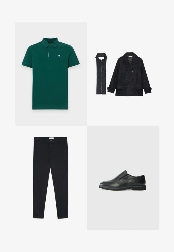 Črn volnen plašč z dvojnimi gumbi in velikim ovratnikom, v kombinaciji z brezrokavnikom iz črnega prešitega materiala z zadrgo.; Temnozelena polo majica iz čvrsto teksturiranega bombaža, s kratkimi rokavi, ovratnikom, zapenjanjem na tri gumbe in majhnim logotipom na prsih.; Črne hlače s ravnim krojem, izdelane iz bombažne tkanine. Imajo dva sprednja žepa in gumb za zapiranje v pasu.; Črne usnjene natikače z gladkim zgornjim delom, prišitimi detajli, zaobljenim nosom in nizkim gumijastim petkom. Podplat ima minimalen profil.