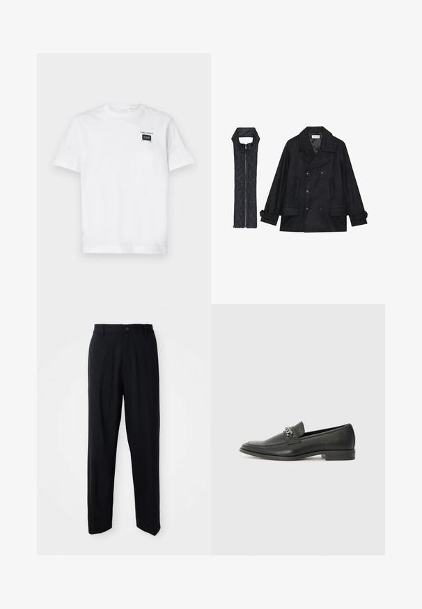 Mustast villast peacoat, millel on topelt nööbid ja suur krae, koos musta ilma varrukateta tikkimisega vestiga, millel on lukuga sulgemine.; Valge puuvillane T-särk, millel on ümmargune kaelus ja lühikesed varrukad. Esiosas on väike must silt tekstiga ja ristkülikukujuline kujundus.; Mustad sirged püksid, millega on kaasas vöökohad, nööbiga sulgus ja voolav, minimalistlik disain neutraalsel taustal.; Must haveate nahkking punased, millel on sile viimistlus, tikitud muster ja dekoratiivne metallkett vampi üle. Tasane konts.