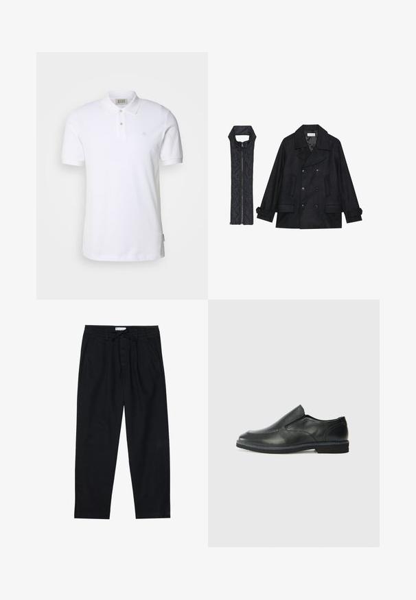 Schwarzer wollener Peacoat mit doppelt geknöpften Knöpfen und großem Kragen, kombiniert mit einer ärmellosen schwarzen gesteppte Weste mit Reißverschluss.; Weißes Baumwollpolohemd mit klassischem Kragen, zwei Knopfverschluss und kleinem gesticktem Logo auf der Brust. Kurzarm und gerader Saum.; Pier One Chino - black; Schwarze Leder-Slipper mit glattem Obermaterial, gesteppten Akzenten, runder Zehenpartie und niedrigem Gummiabsatz. Die Sohle hat ein minimales Profil.