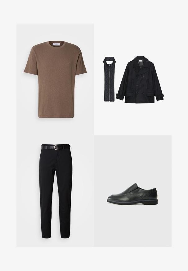 Musta villapaltto, jossa on kaksiriviset napit ja suuri kaulus, yhdistettynä olkaimettomaan mustaan toppaliiviin, joka avautuu vetoketjulla.; Ruskea puuvillainen T-paita, jossa on pyöreä kaula-aukko, lyhyet hihat ja hillitty logo rinnassa; kevyt kangas, jossa on pehmeä, teksturoitu pinta.; Mustat housut suoran leikkauksen omaavina, joissa on sileä pinta ja musta nahkavyö hopeasolkineen. Yksinkertainen muotoilu, ei kuvioita tai koristeita.; Musta nahkainen liukujalkine, jossa on sileä pinta, ommeltuja yksityiskohtia, pyöristetty kärki ja matala kumipohja. Pohjassa on minimaalinen pito.