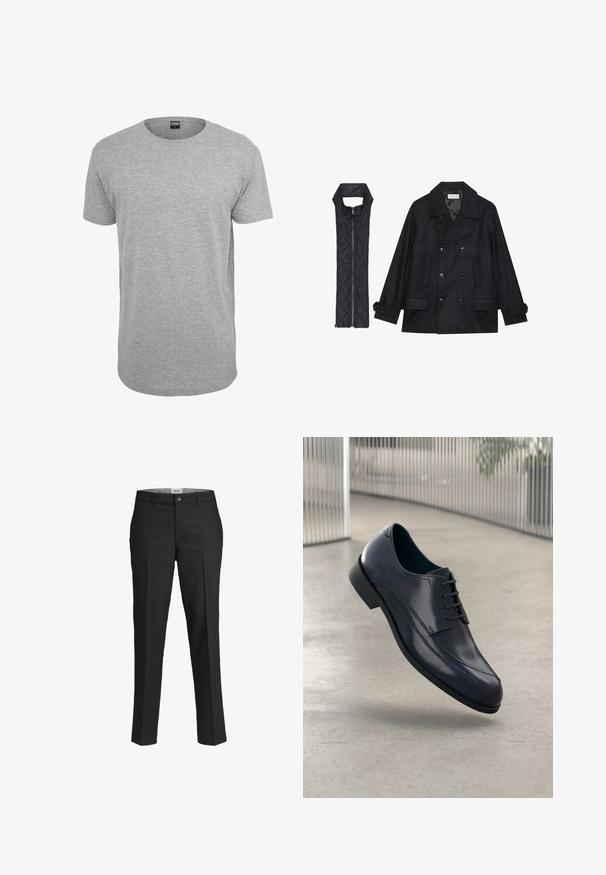 Black woolen peacoat with double-breasted buttons and large collar, paired with a sleeveless black quilted vest featuring a zip closure.; Gray cotton crew neck T-shirt with short sleeves, straight hem, and a soft texture; minimal branding visible at the neckline.; Black trousers, tailored fit, smooth fabric, mid-rise waist, front button closure, diagonal pockets, and crease detailing down the legs.; Glossy black leather dress shoe with laces, floating above a smooth, light gray floor and vertical metallic bars in the background.