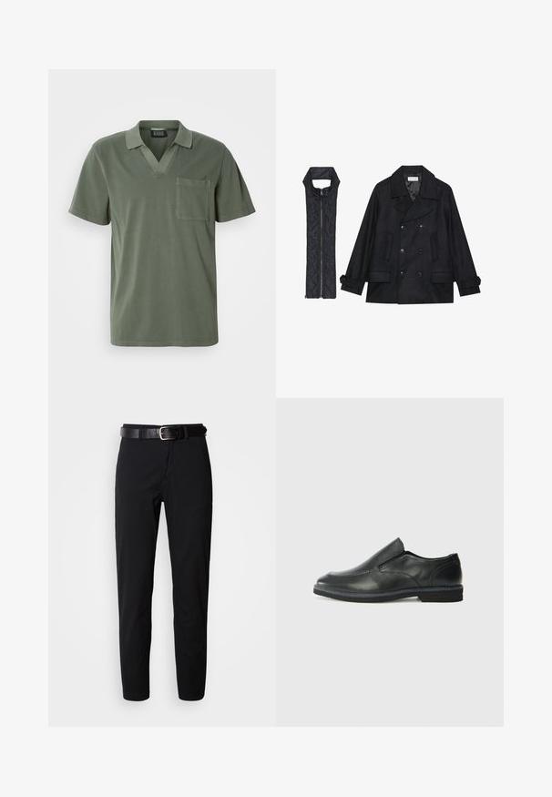 Črn volnen plašč z dvojnimi gumbi in velikim ovratnikom, v kombinaciji z brezrokavnikom iz črnega prešitega materiala z zadrgo.; Olivno zeleno polo majica s kratkimi rokavi in V-izrezom, prsni žep ter mehko bombažno teksturo. Minimalističen dizajn s čistimi linijami.; Črne hlače ravnega kroja, z gladko teksturo in črnim usnjenim pasom s srebrno spono. Preprost dizajn, brez vzorcev ali poudarkov.; Črne usnjene natikače z gladkim zgornjim delom, prišitimi detajli, zaobljenim nosom in nizkim gumijastim petkom. Podplat ima minimalen profil.