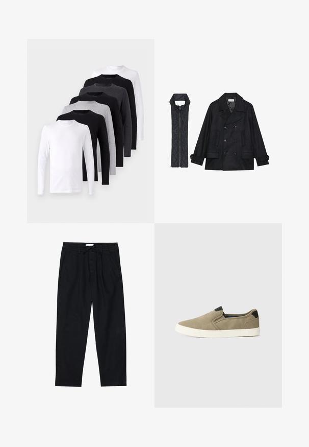Melnā vilnas jaka ar dubulto pogu rindas un lielu apkakli, apvienota ar bez piedurknēm melnu piepūšamā vesta ar rāvējslēdzēju.; Ilgākas piedurknes T-krekls komplektā melnā, baltā un pelēkā krāsā. Kvalitatīvs kokvilnas materiāls, ar apaļu kakla izgriezumu, gluda tekstūra bez rakstiem vai akcentiem.; Pier One Chinos tipa bikses - black; Taupe krāsas slip-on apavi ar teksturētu auduma virsu, kontrastējošu melnu papēdi un baltu gumijas zoli. Perforēta konstrukcija gaisa caurlaidībai.