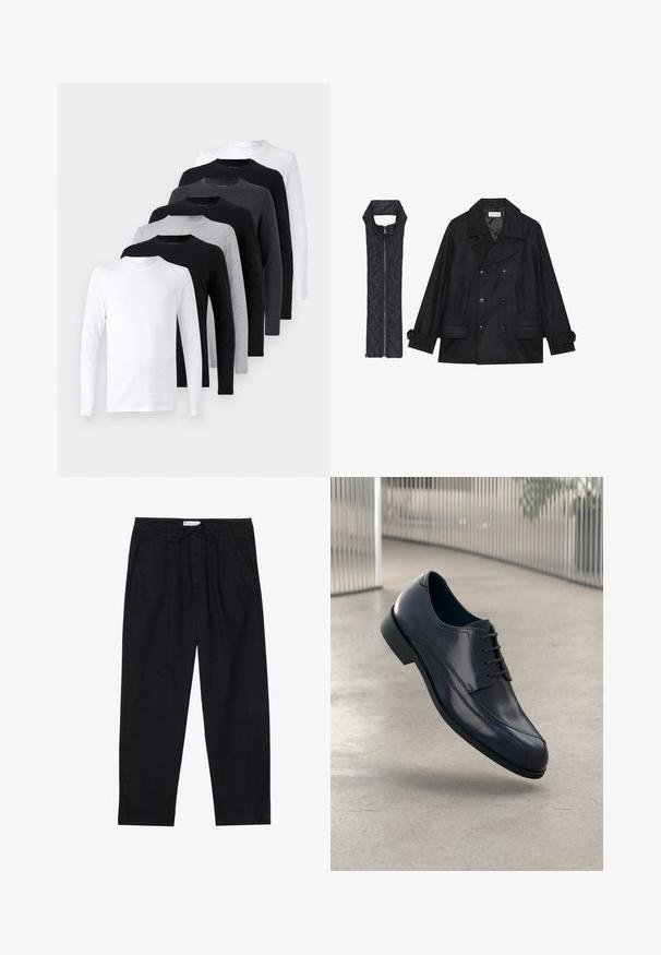 Černý vlněný kabát s dvojitými knoflíky a velkým límcem, doplněný bezrukávovou černou prošívanou vestou se zapínáním na zip.; Sada triček s dlouhým rukávem v černé, bílé a šedé barvě. Bavlněný materiál, kulatý výstřih, hladká textura bez vzorů nebo akcentů.; Pier One Chino kalhoty - black; Lesklá černá kožená společenská obuv s tkaničkami, plovoucí nad hladkým, světle šedým podlahovým povrchem a s vertikálními kovovými pruty v pozadí.