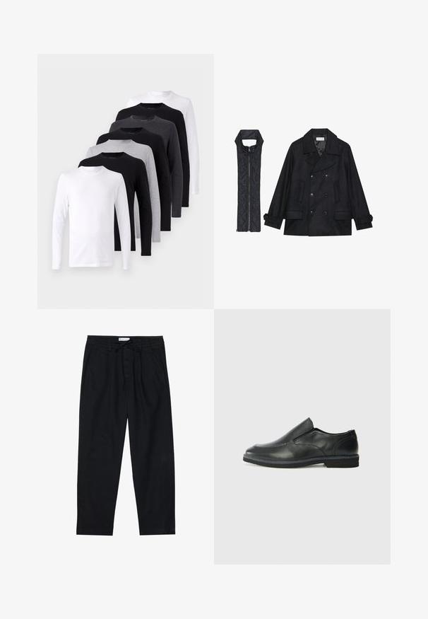 Cappotto di panno nero con bottoni doppi e colletto ampio, abbinato a un gilet senza maniche in tessuto trapuntato nero con chiusura a zip.; Set di magliette a maniche lunghe nei colori nero, bianco e grigio. Materiale cotone, design a girocollo, texture liscia senza motivi o accenti.; Pier One Chino - black; Scarpa nera in pelle con inserto scivolare, superiore liscio, dettagli cuciti, punta arrotondata e tacco in gomma basso. La suola presenta un battistrada minimale.