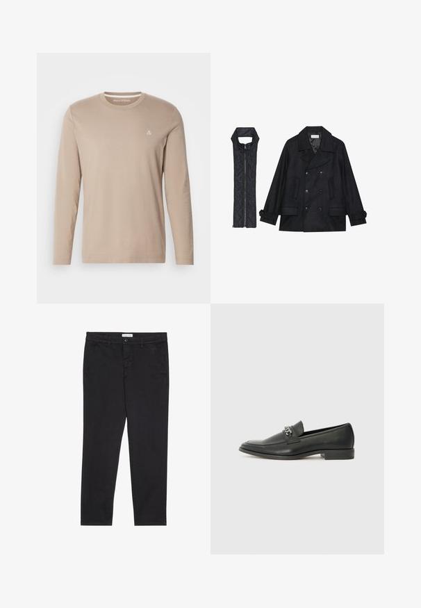 Μαύρο μάλλινο παλτό με διπλό κούμπωμα και μεγάλο γιακά, συνδυασμένο με ένα αμάνικο μαύρο καπιτονέ γιλέκο που διαθέτει φερμουάρ.; Μακρυμάνικη μπεζ μπλούζα φτιαγμένη από βαμβάκι. Διαθέτει στρογγυλή λαιμόκοψη και ένα μικρό λευκό λογότυπο στο στήθος. Απαλή υφή και κανονική εφαρμογή.; Μαύρο βαμβακερό παντελόνι με στενή γραμμή, διαθέτει δύο πλάγιες τσέπες και κούμπωμα με κουμπί στο μπροστινό μέρος. Υφασμάτινη επιφάνεια με διακριτές λεπτομέρειες.; Μαύρη δερμάτινη λοφάρα με λείο φινίρισμα, που διαθέτει ραμμένο σχέδιο και διακοσμητική μεταλλική αλυσίδα πάνω από το μπροστινό μέρος. Χαμηλή φτέρνα.