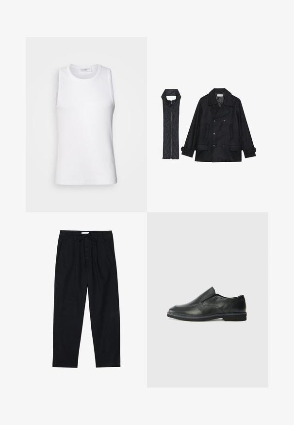 Melnā vilnas jaka ar dubulto pogu rindas un lielu apkakli, apvienota ar bez piedurknēm melnu piepūšamā vesta ar rāvējslēdzēju.; Balts bezgrumbu tops, izgatavots no gludas auduma, ar apaļu kakla izgriezumu un pieguļošu siluetu, piemērots slāņošanai vai valkāšanai atsevišķi.; Pier One Chinos tipa bikses - black; Melnas ādas slip-on kurpes ar gludu augšdaļu, izšūtām akcentiem, noapaļotu purngala daļu un zemu gumijas papēdi. Zole ar minimālu rakstu.