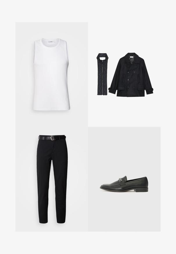 Fekete gyapjú peacoat dupla gombolással és nagy gallérral, melyet egy ujjatlan fekete steppelt mellénnyel párosítanak, amely cipzárral záródik.; Fehér ujjatlan blúz sima anyagból, kerek nyakkivágással és testhezálló szabással, amely ideális rétegezéshez vagy önálló viseléshez.; Fekete, egyenes szabású nadrág sima textúrával, fekete bőr öv ezüst csattal. Egyszerű dizájn, minta vagy díszítés nélkül.; Fekete bőr loaferek sima felülettel, varrott mintával és díszítő fém lánccal a cipő elején. Lapos sarok.