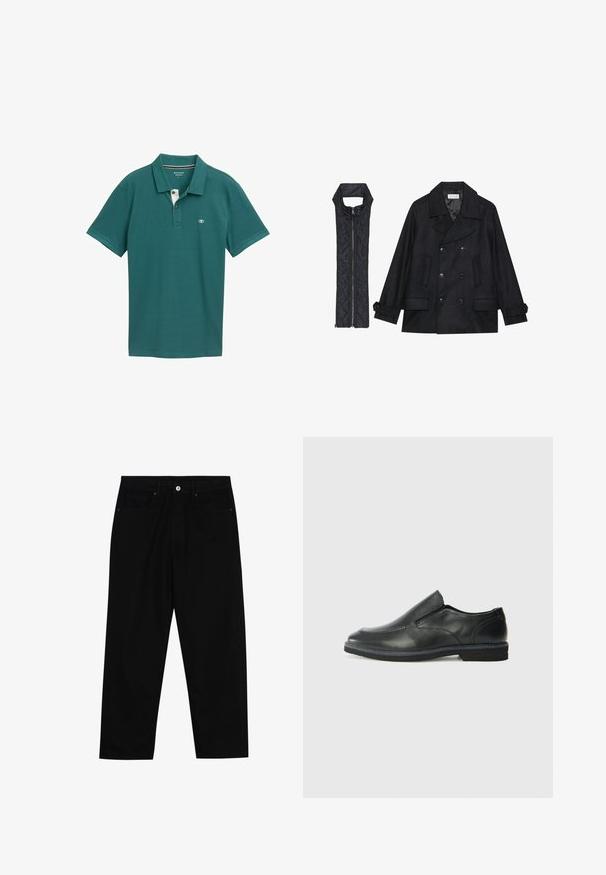 Schwarzer wollener Peacoat mit doppelt geknöpften Knöpfen und großem Kragen, kombiniert mit einer ärmellosen schwarzen gesteppte Weste mit Reißverschluss.; Türkise Polohemden aus atmungsaktivem Material, mit einem Drei-Knopf-Verschluss, kurzen Ärmeln und einem dezenten Logo auf der Brust.; Schwarze Jeans mit geradem Schnitt, Fünf-Taschen-Design und einem vorderen Knopfverschluss. Glatte Textur mit minimalen Nähten.; Schwarze Leder-Slipper mit glattem Obermaterial, gesteppten Akzenten, runder Zehenpartie und niedrigem Gummiabsatz. Die Sohle hat ein minimales Profil.