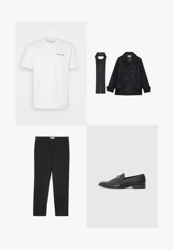 Černý vlněný kabát s dvojitými knoflíky a velkým límcem, doplněný bezrukávovou černou prošívanou vestou se zapínáním na zip.; Bílý bavlněný tričko s kulatým výstřihem a krátkými rukávy, s malým červeným logem "Marc O'Polo" na přední straně. Hladký povrch.; Černé bavlněné kalhoty s úzkým střihem, které mají dvě boční kapsy a přední zapínání na knoflík. Texturovaná tkanina s jemnými detaily.; Černé kožené mokasíny s hladkým povrchem, s prošívaným designem a dekoračním kovovým řetízkem přes nárt. Plochý podpatek.