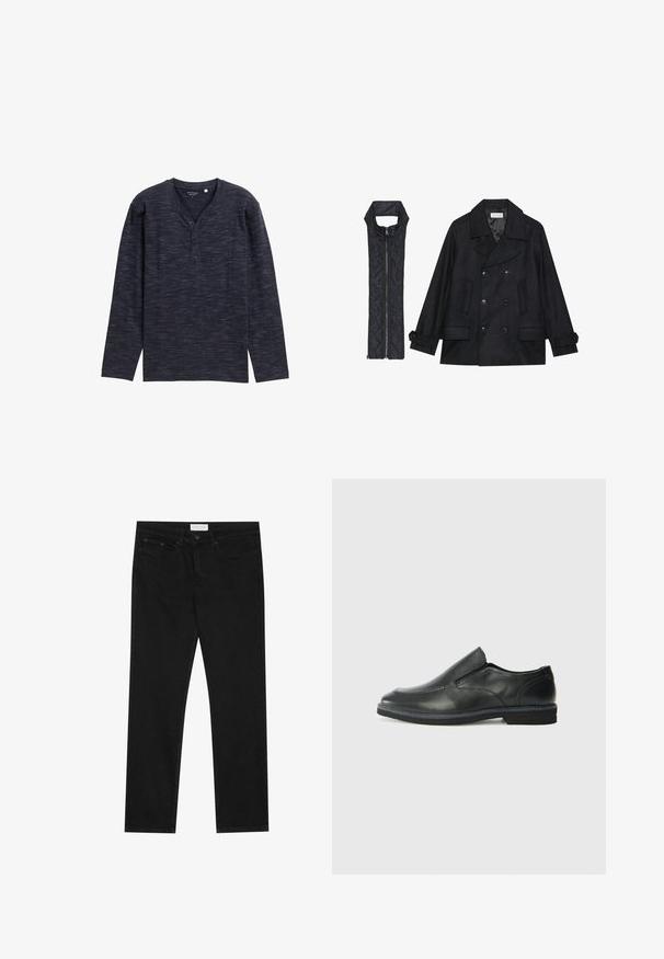 Svart ull peacoat med dubbelknäppta knappar och stor krage, kombinerad med en ärmlös svart vadderad väst med dragkedja.; Långärmad, mörkblå henley-tröja med texturerat mönster, med V-urringning och en treknapps knäppning. Mjuk tyg.; Svarta rakbenade jeans med femfickorsdesign, knappr och dragkedja, samt en Pier One-logotyp på linningen.; Svart lädersko i slip-on-modell med en slät ovandel, sömnadsdetaljer, rund tå och låg gummihäl. Sulan har minimal mönstring.