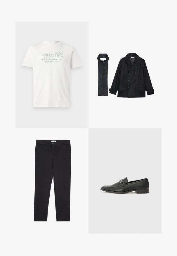 Casaco de lã preto com botões duplos e gola grande, combinado com um colete acolchoado preto sem mangas com fecho de correr.; T-shirt de algodão branco com o texto "Estabelecido 2007" e "Aesthetics do Norte" em azul claro, com decote redondo e mangas curtas.; Calças de algodão pretas com um corte justo, apresentando dois bolsos laterais e um fecho frontal com botão. Tecido texturizado com detalhes subtis.; Sapatilha de couro preta com um acabamento suave, apresentando um design cosido e um detalhe decorativo de corrente de metal atravessando o peito do pé. Salto baixo.