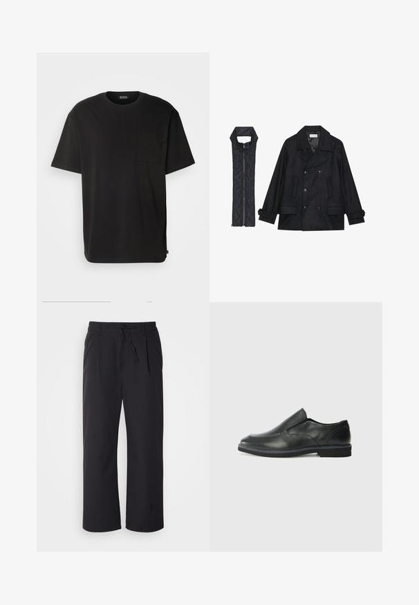 Črn volnen plašč z dvojnimi gumbi in velikim ovratnikom, v kombinaciji z brezrokavnikom iz črnega prešitega materiala z zadrgo.; Črna majica s kratkimi rokavi iz bombaža. Ima žep na prsih in sproščen kroj. Preprost dizajn brez vidnih vzorcev ali dodatkov.; Široke hlače iz teksturirane črne tkanine s pasom na vrvico, ki vsebujejo dva sprednja žepa in ravno krojno zasnovo.; Črne usnjene natikače z gladkim zgornjim delom, prišitimi detajli, zaobljenim nosom in nizkim gumijastim petkom. Podplat ima minimalen profil.