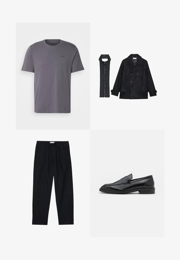 Czarna wełniana peacoat z podwójnymi guzikami i dużym kołnierzem, zestawiona z bezrękawnym czarnym pikowanym kamizelką z zamkiem błyskawicznym.; Szara bawełniana koszulka z okrągłym dekoltem, krótkimi rękawami i subtelnym logo na górnej lewej stronie. Gładka tekstura i luźny krój.; Pier One - Chinosy; Czarne skórzane mokasyny o gładkim wykończeniu, z zaokrąglonym noskiem i wąskim paskiem na górze. Niski, warstwowy obcas.