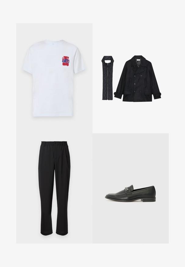 Svart ull peacoat med dubbelknäppta knappar och stor krage, kombinerad med en ärmlös svart vadderad väst med dragkedja.; Vit kortärmad T-shirt med en färgglad grafisk design i rött och blått på vänster bröst, med abstrakta former och mönster.; Svarta byxor med elastisk midja, knappstängning och rak benform. Slätt tyg, inga synliga mönster eller detaljer.; Svart läderloafers med en slät yta, med en sydd design och en dekorativ metallkedjeaccent över västen. Platt häldesign.