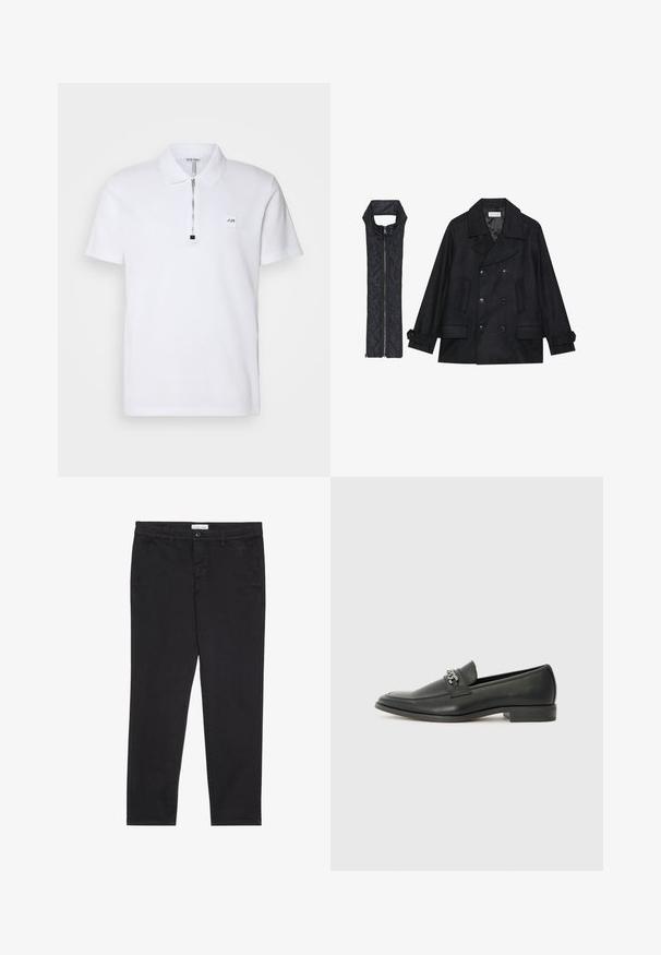 Manteau en laine noir à double boutonnage et grand col, associé à un gilet matelassé sans manches noir avec fermeture éclair.; Polo shirt blanc avec col zippé court, logo brodé sur la poitrine, et en matériau coton doux au toucher lisse.; Pantalon en coton noir à coupe slim, avec deux poches latérales et une fermeture à bouton à l'avant. Tissu texturé avec des détails subtils.; Mocassin en cuir noir avec une finition lisse, présentant un design cousu et une accent décoratif en chaîne métallique sur le rand. Talon plat.