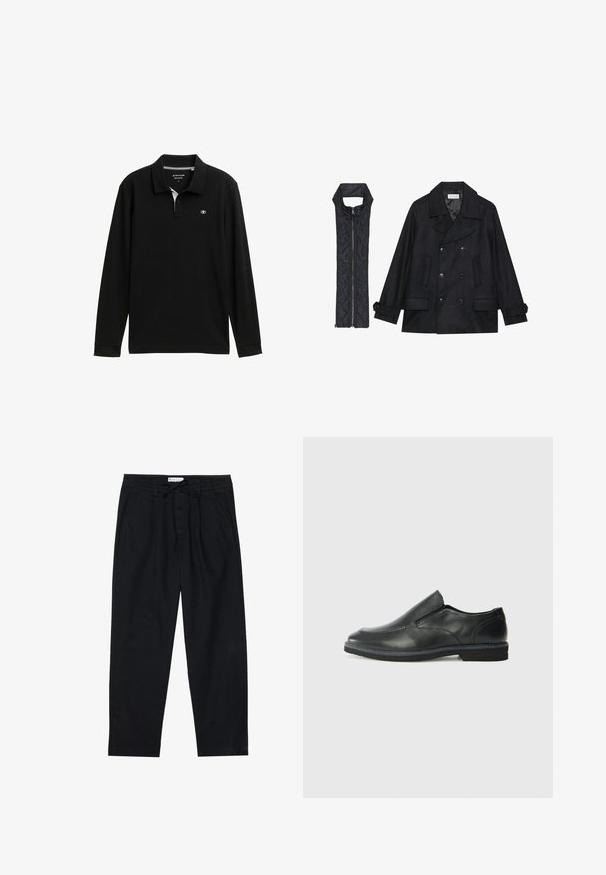 Sort uld peacoat med dobbeltradede knapper og stor krave, parret med en ærmeløs sort quiltet vest med lynlås.; Sort langærmet polo skjorte med klassisk krave, med en hvid indvendig krave og logo på brystet. Glat tekstur og regular fit.; Pier One Chino - black; Sorte læder slip-on sko med en glat overdel, syede detaljer, rund tå og en lav gummihæl. Sålen har minimal profil.